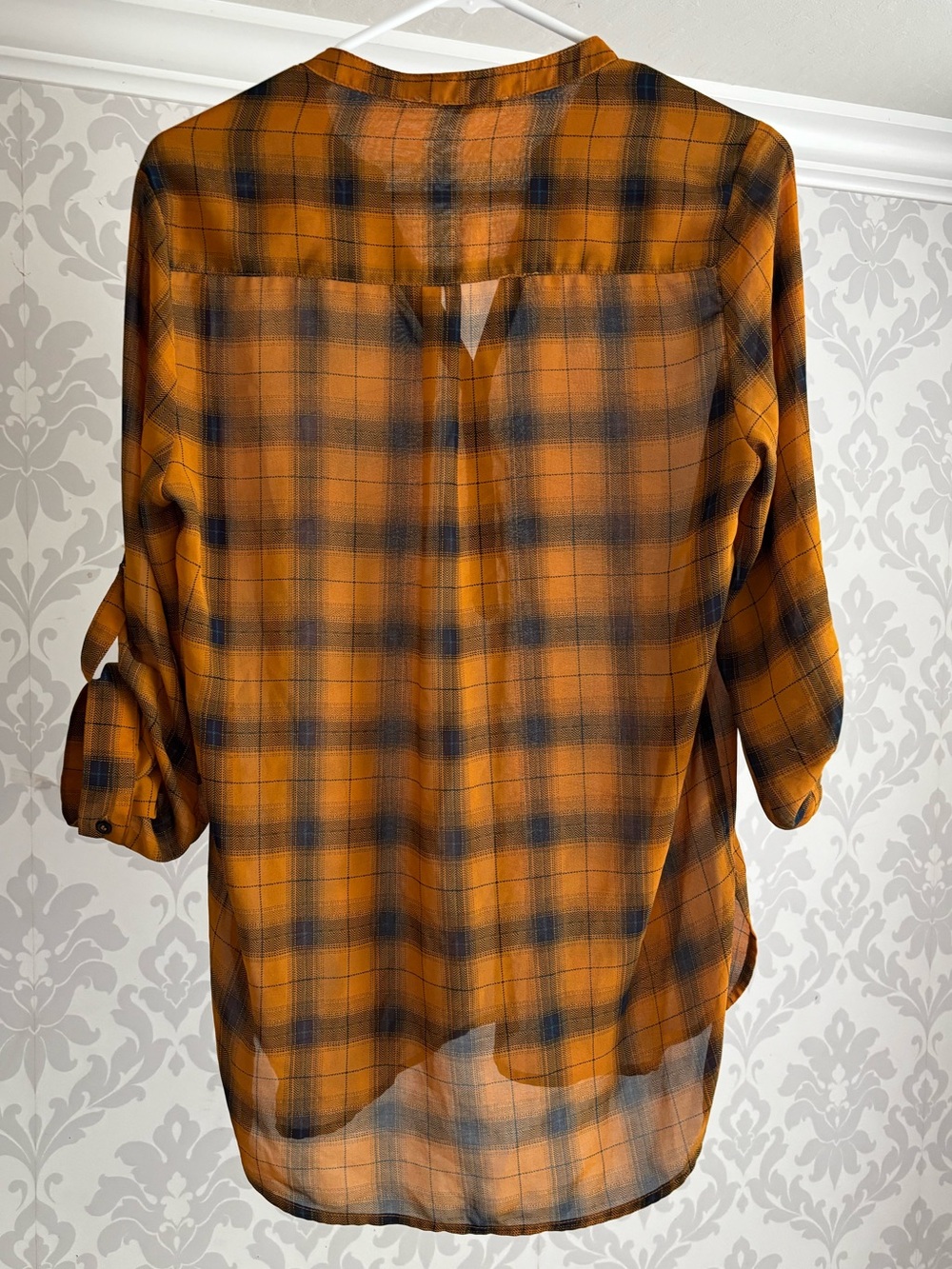 fun2fun Orange and Navy V-Neck Plaid Button-Back Roll-Sleeve Blouse